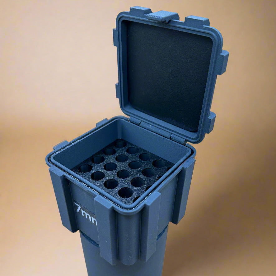 Kustom 7mm Mauser Ammunition Storage Container with Integrated Cupholder Sleeve - Crate Box Style - 25 rounds