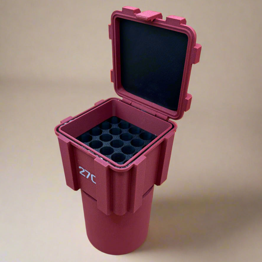 Kustom 270WSM Ammunition Storage Container with Integrated Cupholder Sleeve - Crate Box Style - 25 rounds