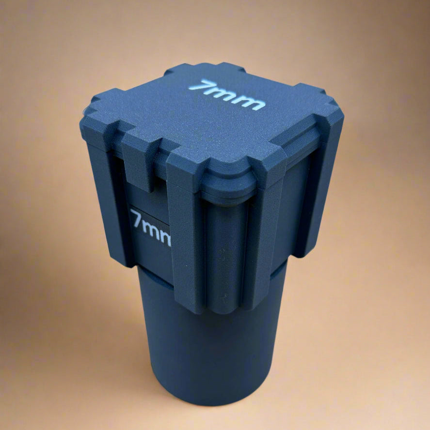 Kustom 7mm Mauser Ammunition Storage Container with Integrated Cupholder Sleeve - Crate Box Style - 25 rounds