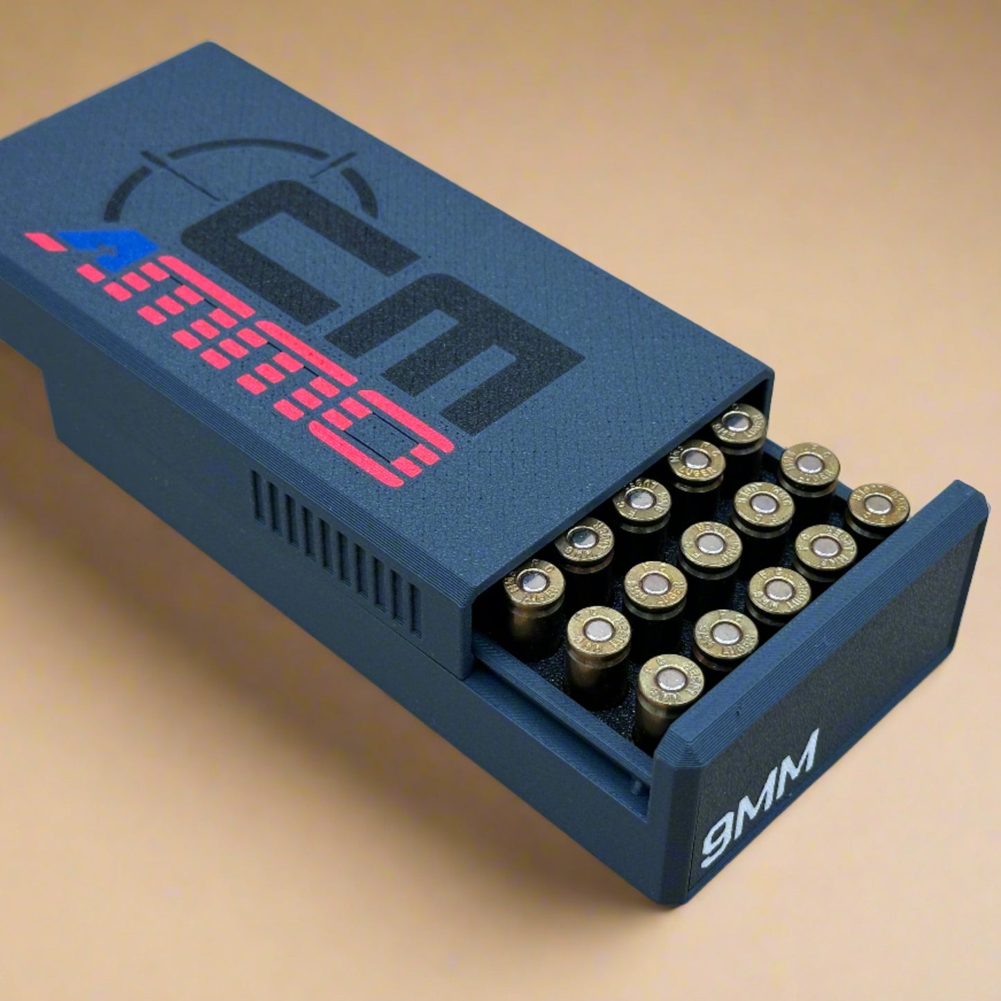 CMAMMO Branded 9mm Luger Ammunition Storage Container - Slide Box Style - 50 rounds